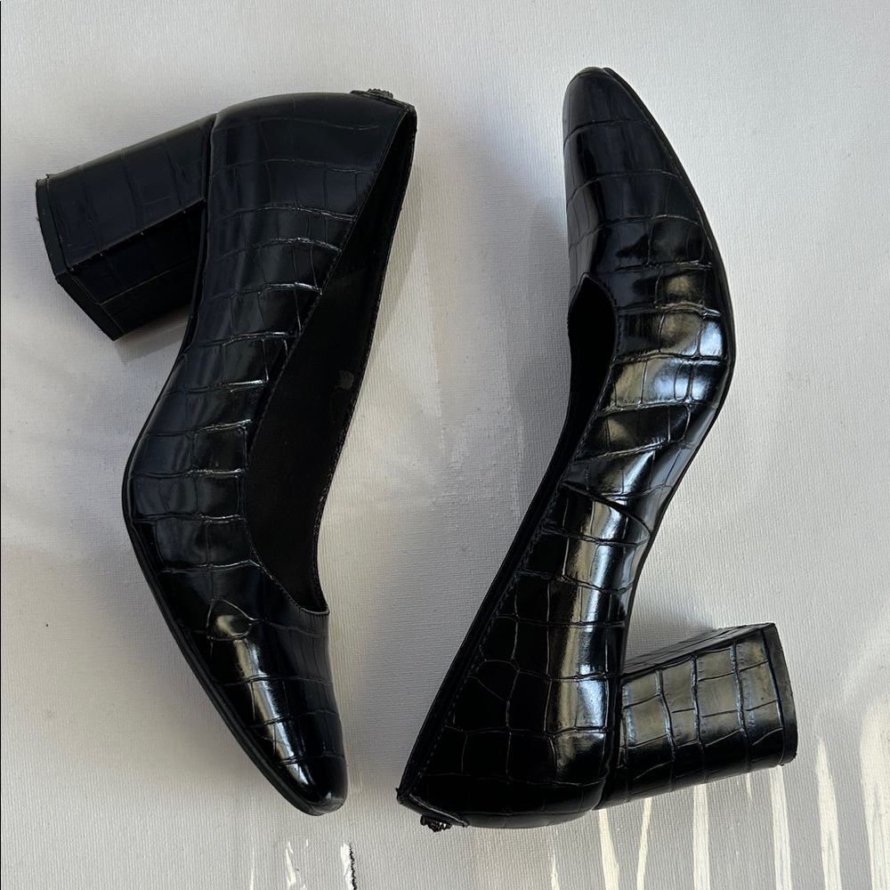 Anne Klein Black Croc-Embossed Block Heel Pumps - Women's